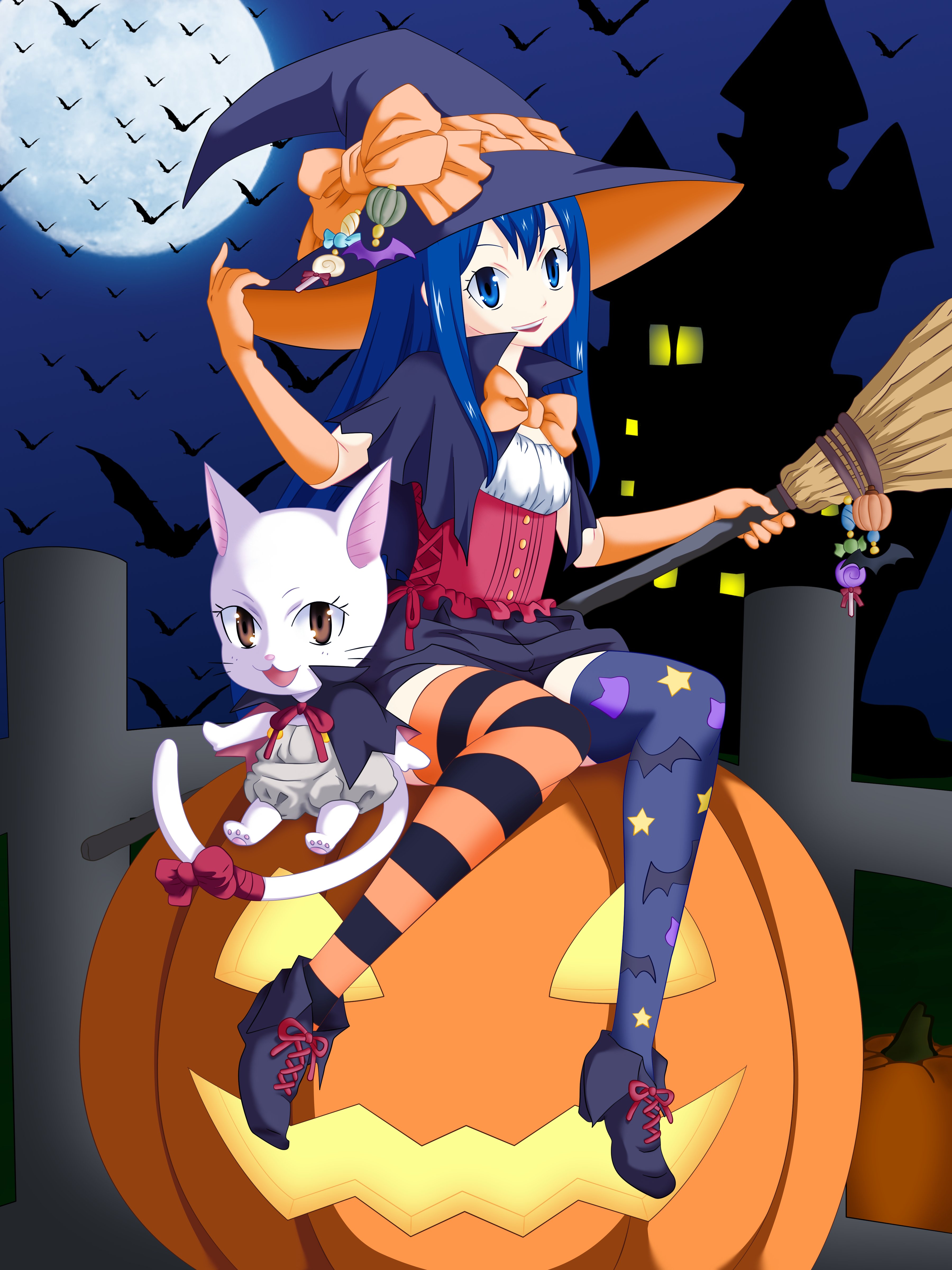 anime, Series, Characters, Fairy, Tail, Girl, Animal, Blue, Eyes, Blue, Hair, Brown, Eyes, Cat, Cloak, Halloween, Happy, Hat, Long, Hair, Moon, Night, Ribbon, Shorts, Sky, Stars, Sweets, Thigh, Highs, Witch Wallpaper