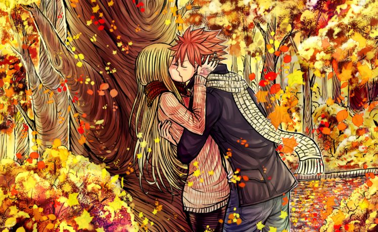 Anime Series Characters Fairy Tail Girl Autumn Blonde Hair Blush Couple Hug Jacket Kiss Long Hair Pants Pink Hair Scarf Short Hair Sweater Tattoo Tree Wallpapers Hd Desktop And Mobile Backgrounds