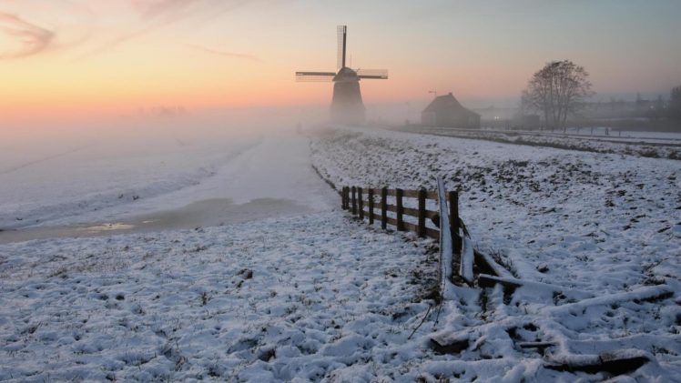 winter, Snow, Nature, Landscape, Windmill, Fence HD Wallpaper Desktop Background