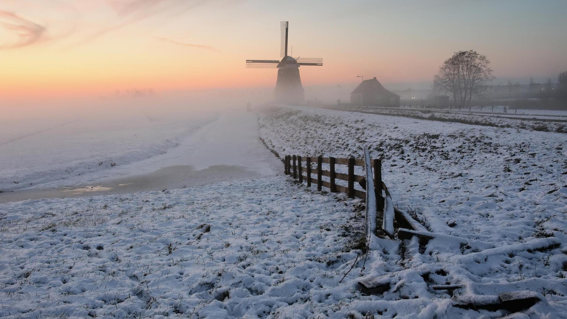 winter, Snow, Nature, Landscape, Windmill, Fence Wallpaper