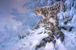 winter, Snow, Nature, Landscape, Leopard, Art, Artwork, Cat