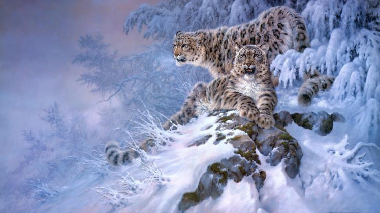 winter, Snow, Nature, Landscape, Leopard, Art, Artwork, Cat HD Wallpaper Desktop Background