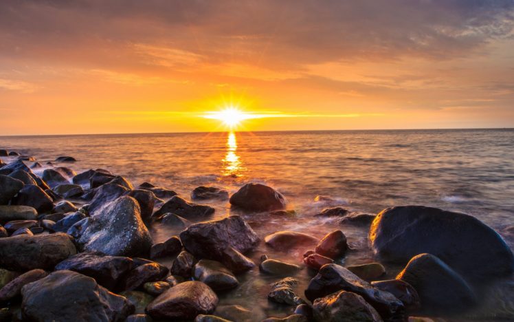 sea, Stones, Morning, Sunrise, Sun, Beach HD Wallpaper Desktop Background