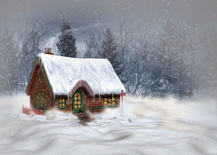 art, Oil, Paintings, Beauty, Forest, Winter, Snow, House HD Wallpaper Desktop Background