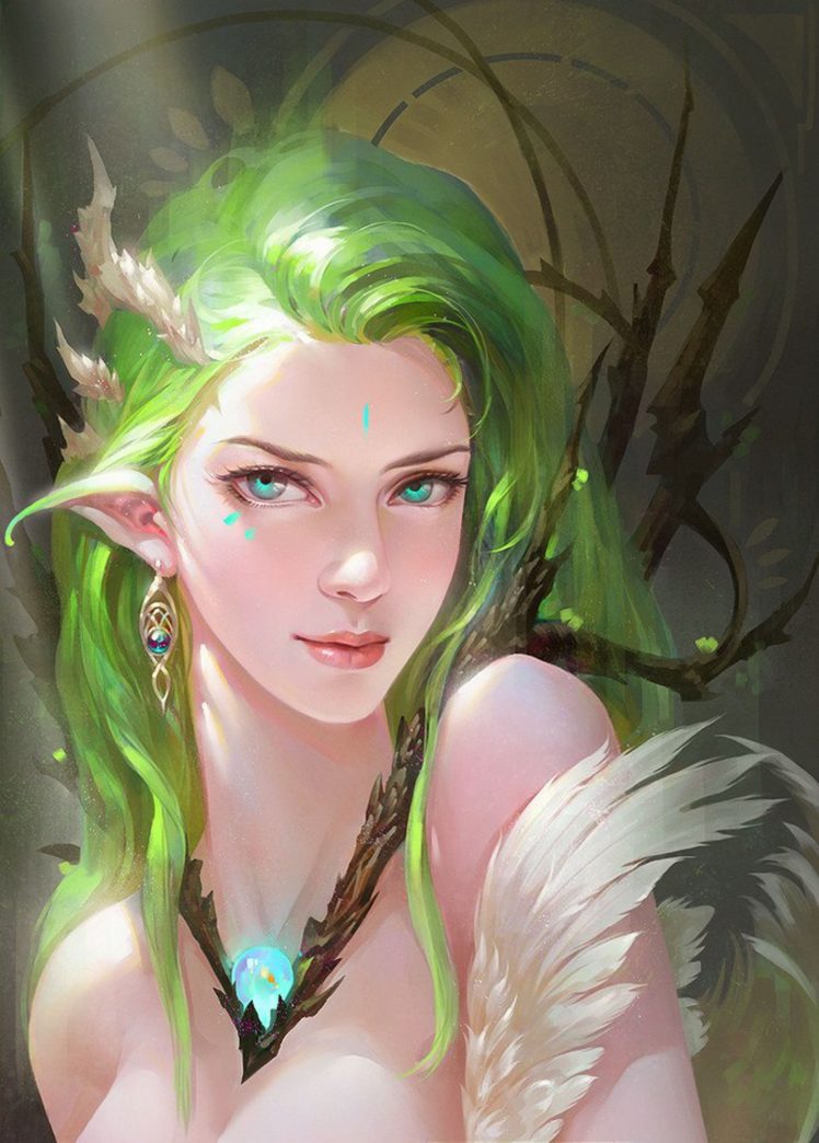 fantasy, Girl, Blue, Eyes, Hair, Long, Beautiful, Elf, Fairy, Green, Hair HD Wallpaper Desktop Background