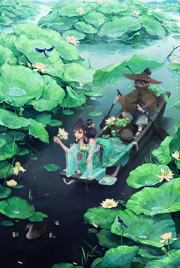 anime, Couple, Lotus, Water, Girl, Blue, Eyes, Hair, Long, Beautiful HD Wallpaper Desktop Background
