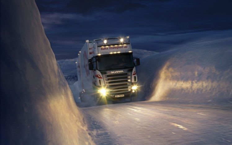 winter, Snow, Night, Trucks, Norway, Trailer, Vehicles, Scania, Headlights HD Wallpaper Desktop Background