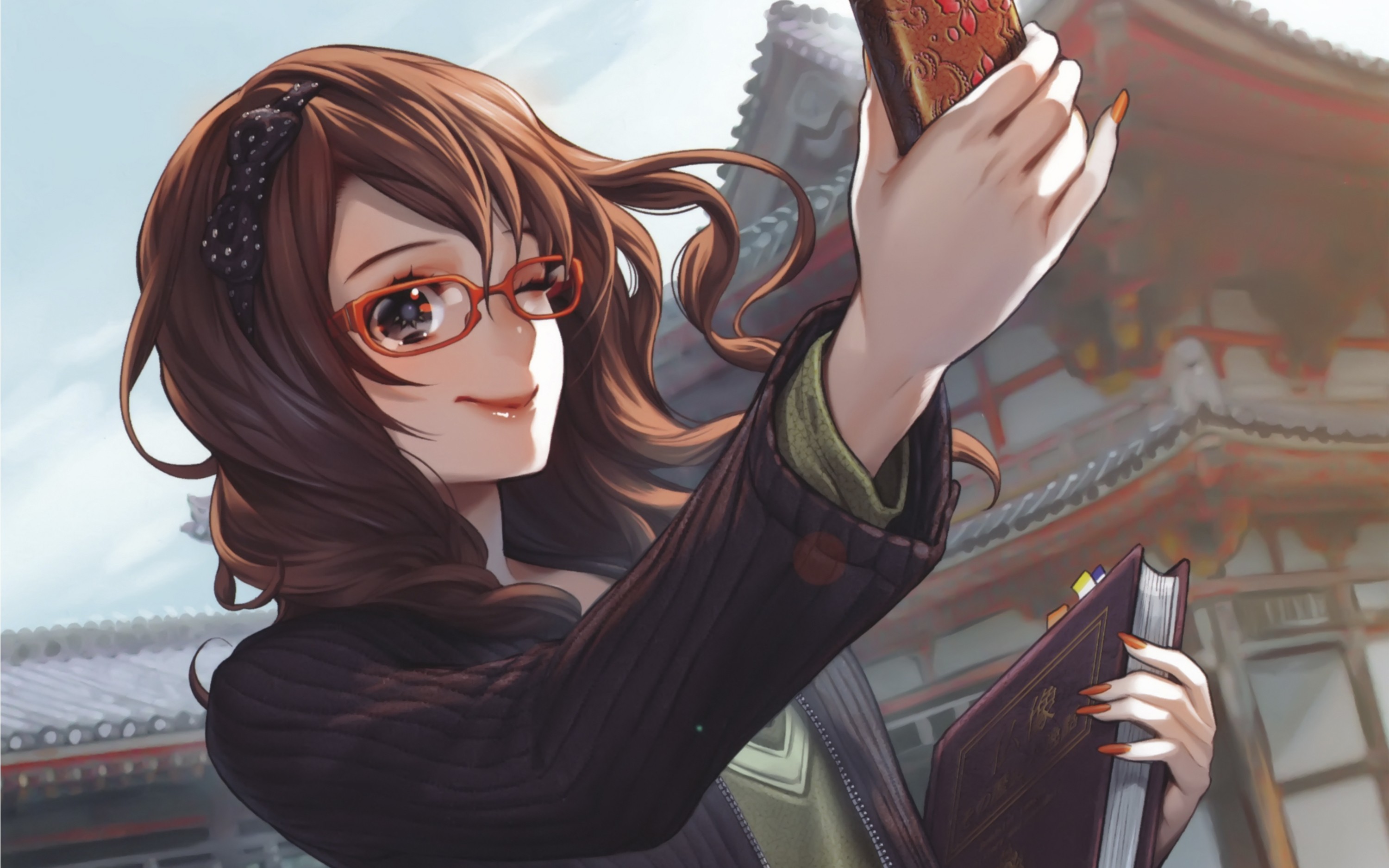 Glasses Long Hair Smiling Meganekko Anime Girls Telephones Midori Foo Wallpapers Hd 4933