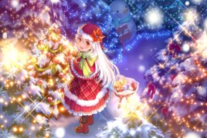 boots, Cat, Smile, Christmas, Hat, Long, Hair, Maruyama jp, Orange, Eyes, Original, Santa, Costume, Santa, Hat, Snow, Snowman, Tree, White, Hair