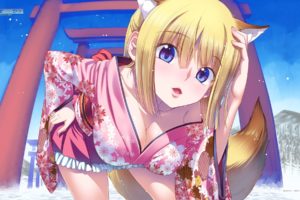 animal, Ears, Blonde, Hair, Blue, Eyes, Breasts, Cleavage, Foxgirl, Game style, Japanese, Clothes, Koume, Keito, Open, Shirt, Tagme,  character , Tail, Torii, Yukata