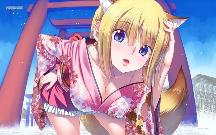 animal, Ears, Blonde, Hair, Blue, Eyes, Breasts, Cleavage, Foxgirl, Game style, Japanese, Clothes, Koume, Keito, Open, Shirt, Tagme,  character , Tail, Torii, Yukata HD Wallpaper Desktop Background