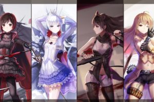 blake, Belladonna, Blood, Cape, Gloves, Navel, Pantyhose, Red, Flowers, Ruby, Rose, Rwby, Scythe, Shorts, Sword, Thighhighs, Weapon, Weiss, Schnee, Wink, Yang, Xiao, Long