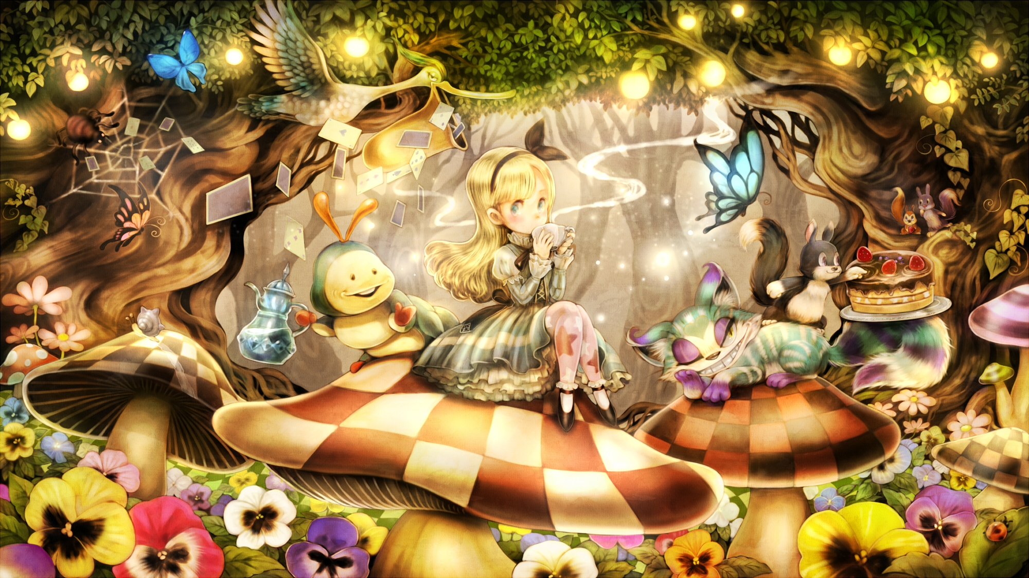 alice, In, Wonderland, Alice,  wonderland , Animal, Bird, Blonde, Hair, Butterfly, Cat, Cheshire, Cat, Flowers, Forest, Sui,  petit, Comet , Tree Wallpaper
