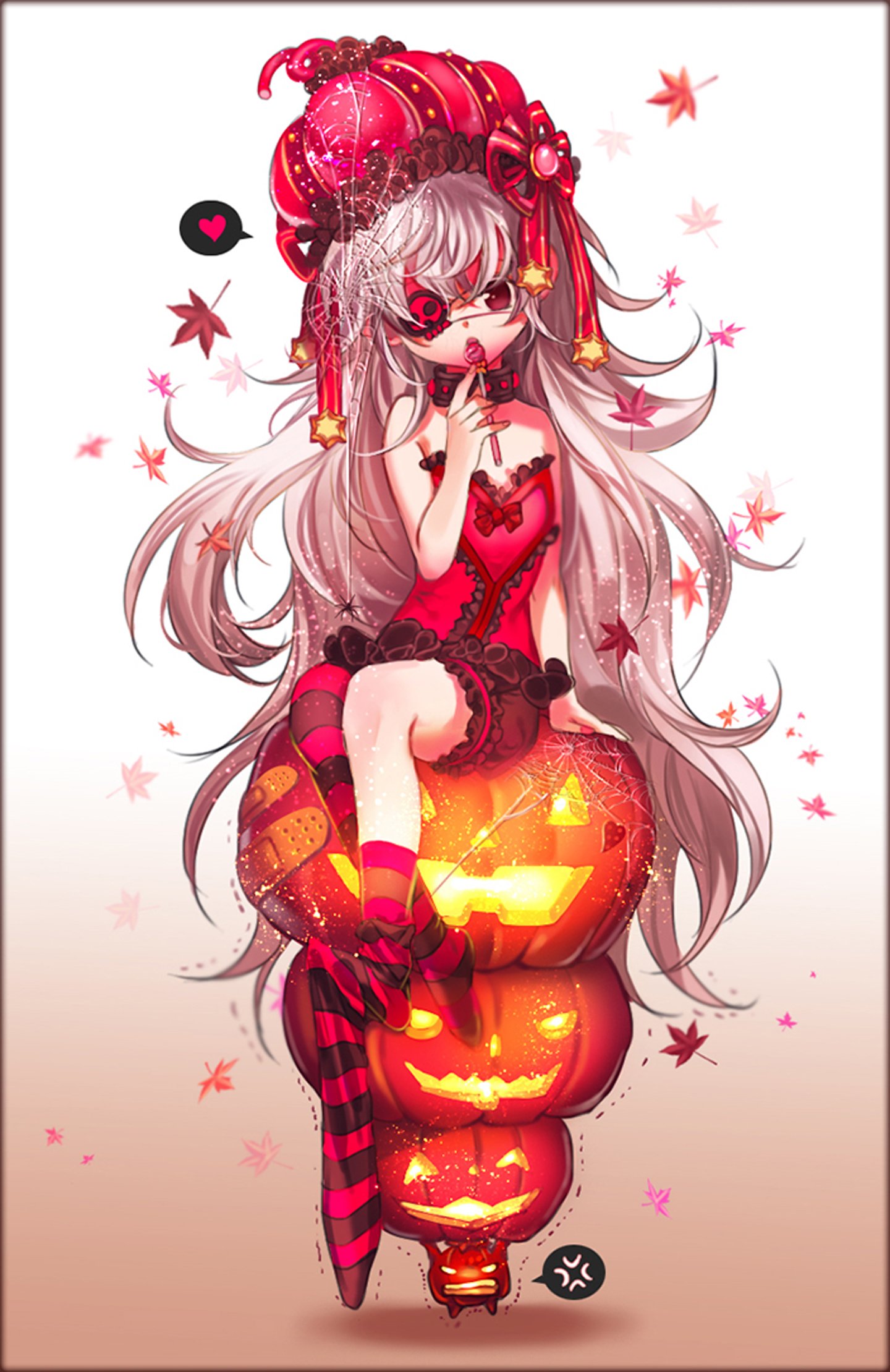 anime, Girl, Beautiful, Angry, Choker, Eyepatch, Grey, Hair, Halloween, Headdress, Heart, Long, Hair, Red, Eyes, Sweets, Thigh, Highs Wallpaper