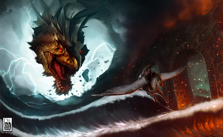 dragons, Waves, Pegasus, Head, Flight, Fantasy, Dragon HD Wallpaper Desktop Background