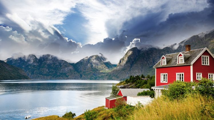 mountains, Landscape, Nature, Mountain, House, Lake HD Wallpaper Desktop Background