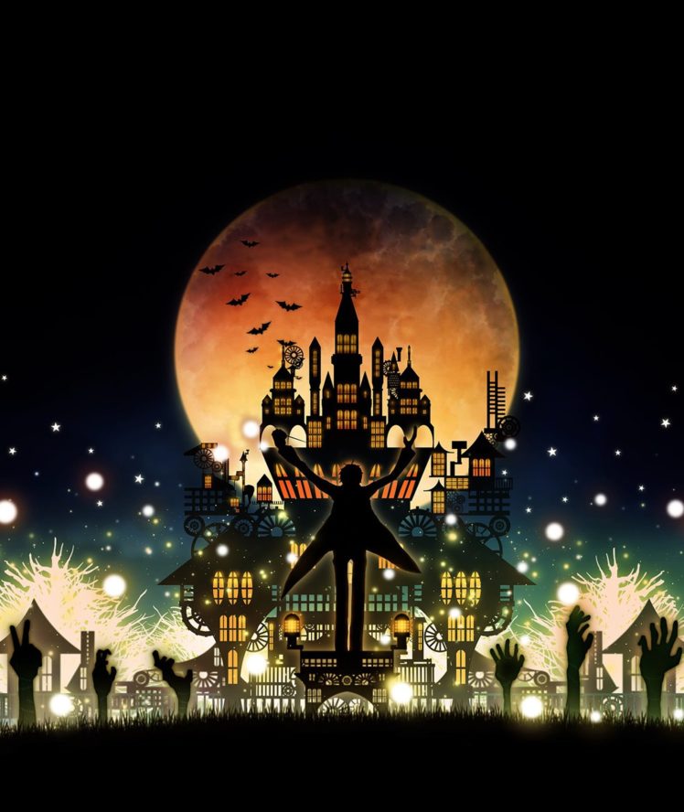 anime, Moon, Fantasy, Sky, Night, House, Hallowen HD Wallpaper Desktop Background