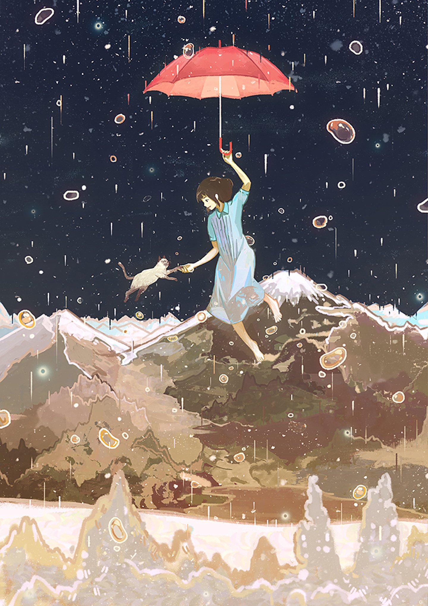 anime, Girl, Pretty, Beautiful, Short, Animal, Cat, Cute, Rain, Sky, Hair, Dress Wallpaper