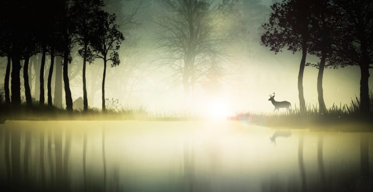 forest, Trees, Nature, Landscape, Tree, Autumn, Deer, Art, Artwork HD Wallpaper Desktop Background