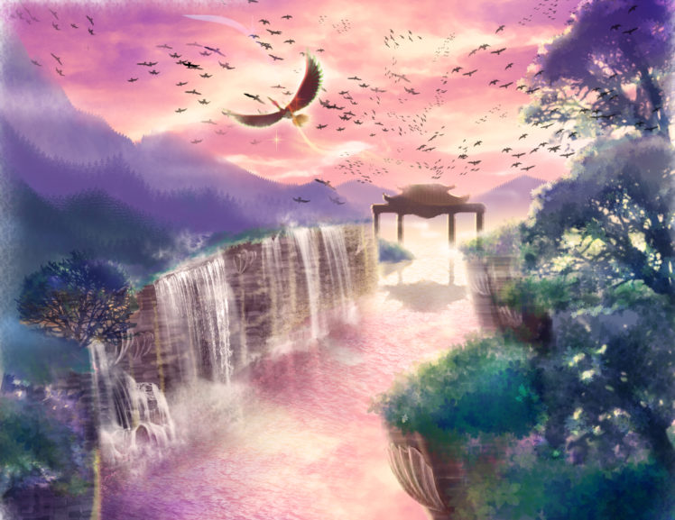 pokemon, Animal, Bird, Clouds, Grass, Ho oh, Newtop, Pokemon, Scenic, Sky, Sunset, Tree, Water, Waterfall, Wings HD Wallpaper Desktop Background