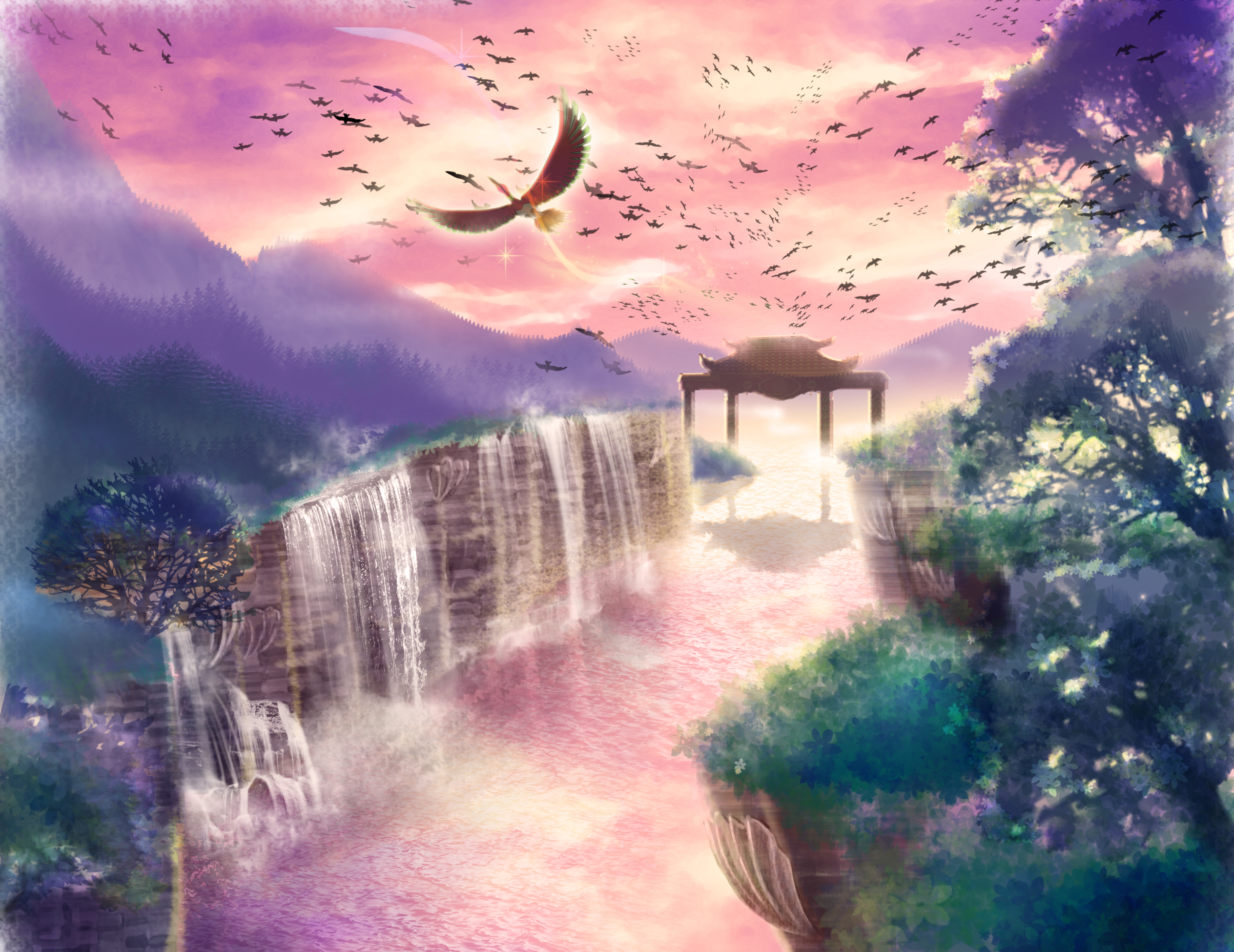 pokemon, Animal, Bird, Clouds, Grass, Ho oh, Newtop, Pokemon, Scenic, Sky, Sunset, Tree, Water, Waterfall, Wings Wallpaper