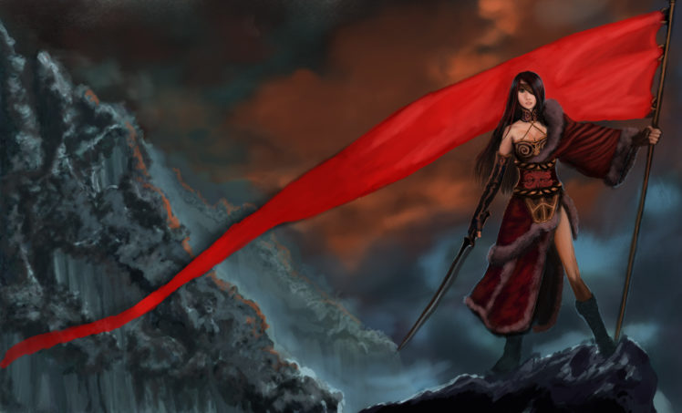 warriors, Flag, Fantasy, Girls, Warrior, Girl, Weapon, Weapons, Sword, Swords, Katana HD Wallpaper Desktop Background