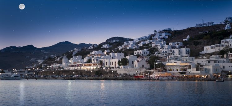 coast, Houses, Sky, Greece, Moon, Mykonos, Mediterranean, Cities HD Wallpaper Desktop Background