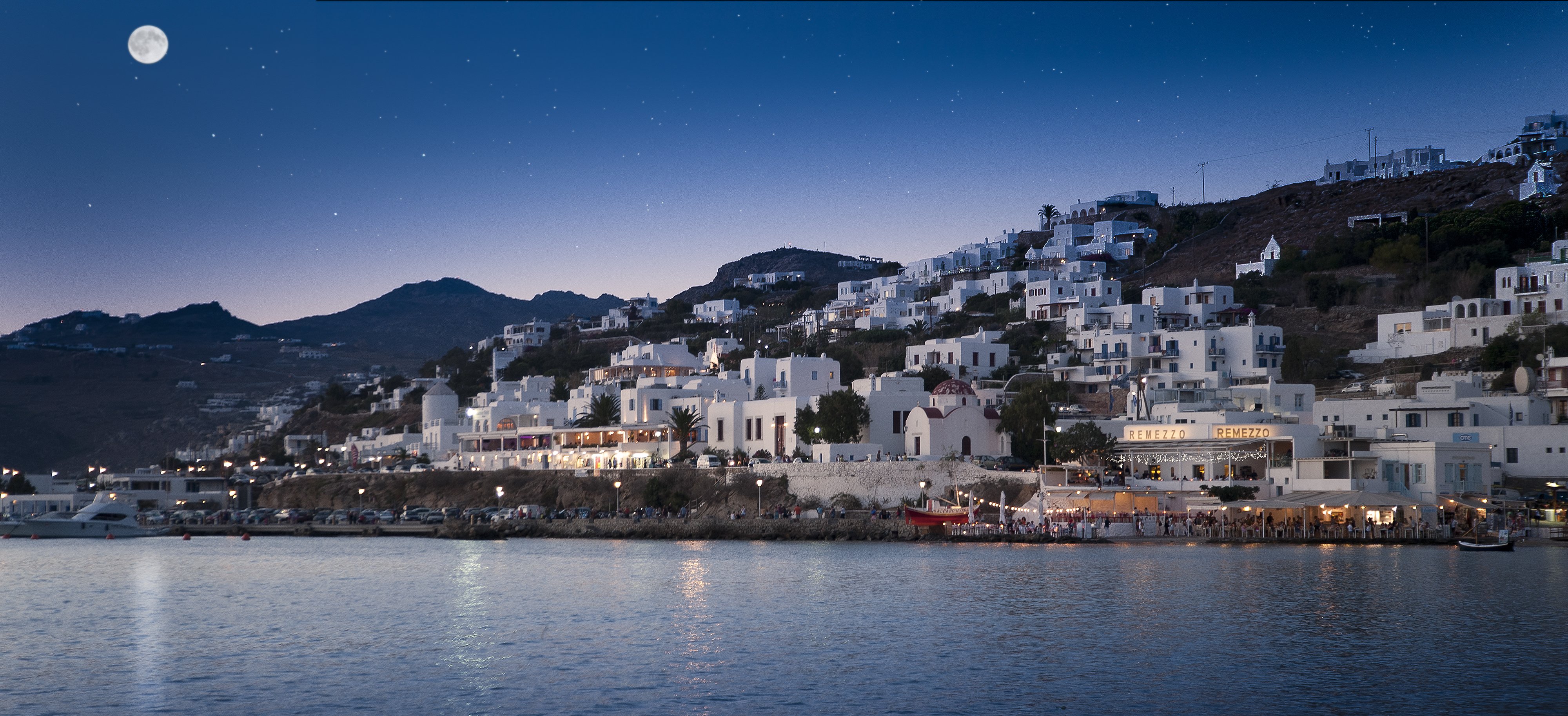 coast, Houses, Sky, Greece, Moon, Mykonos, Mediterranean, Cities Wallpaper