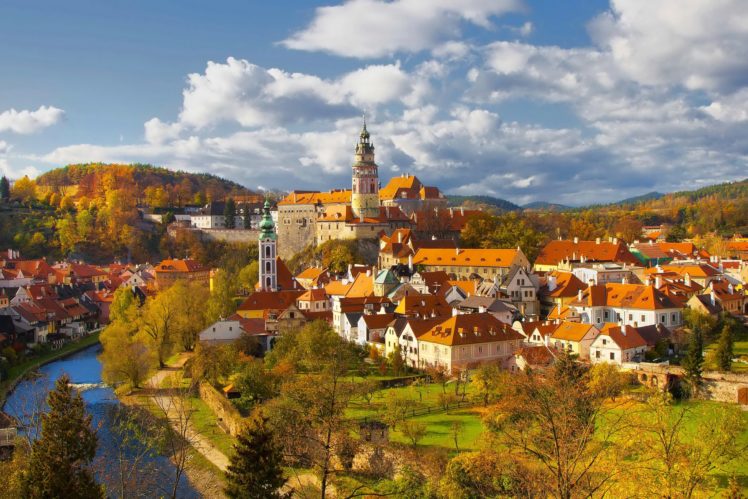 czech, Republic, Houses, Rivers, Autumn, Clouds, Cities HD Wallpaper Desktop Background