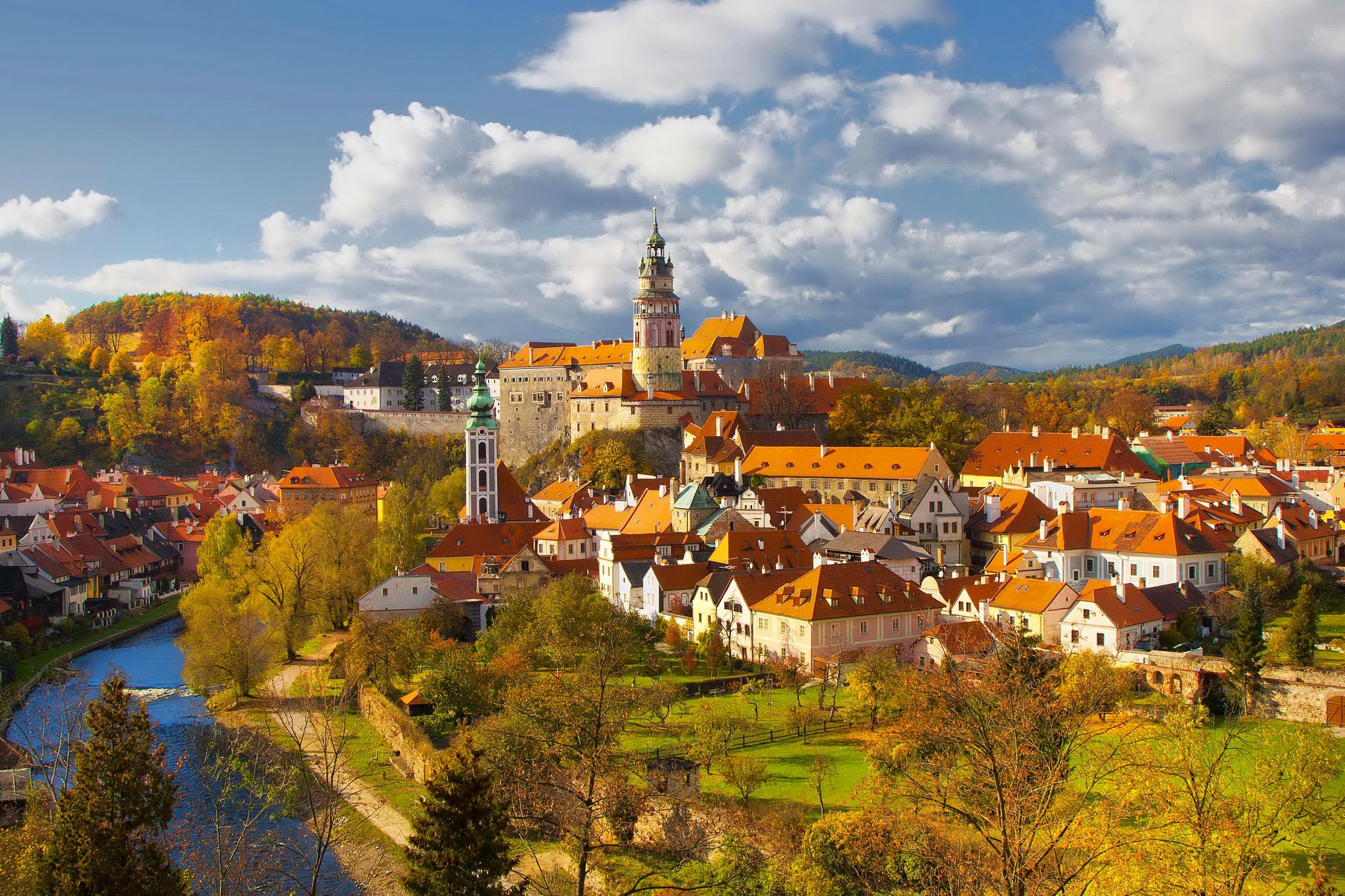 czech, Republic, Houses, Rivers, Autumn, Clouds, Cities Wallpaper