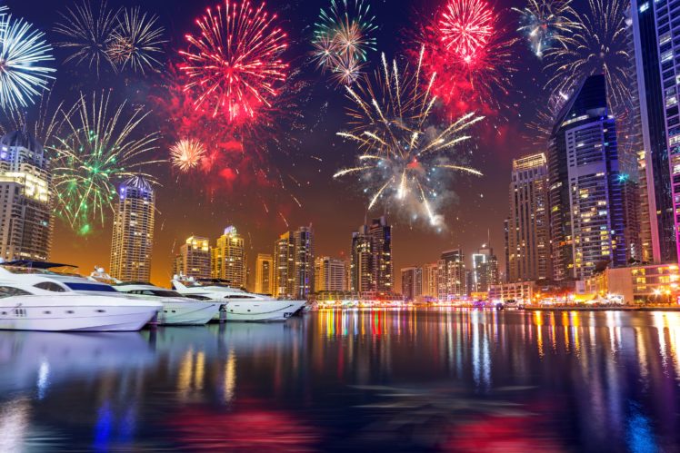 dubai, Emirates, Uae, Skyscrapers, Christmas, Marinas, Fireworks, Night, Cities HD Wallpaper Desktop Background