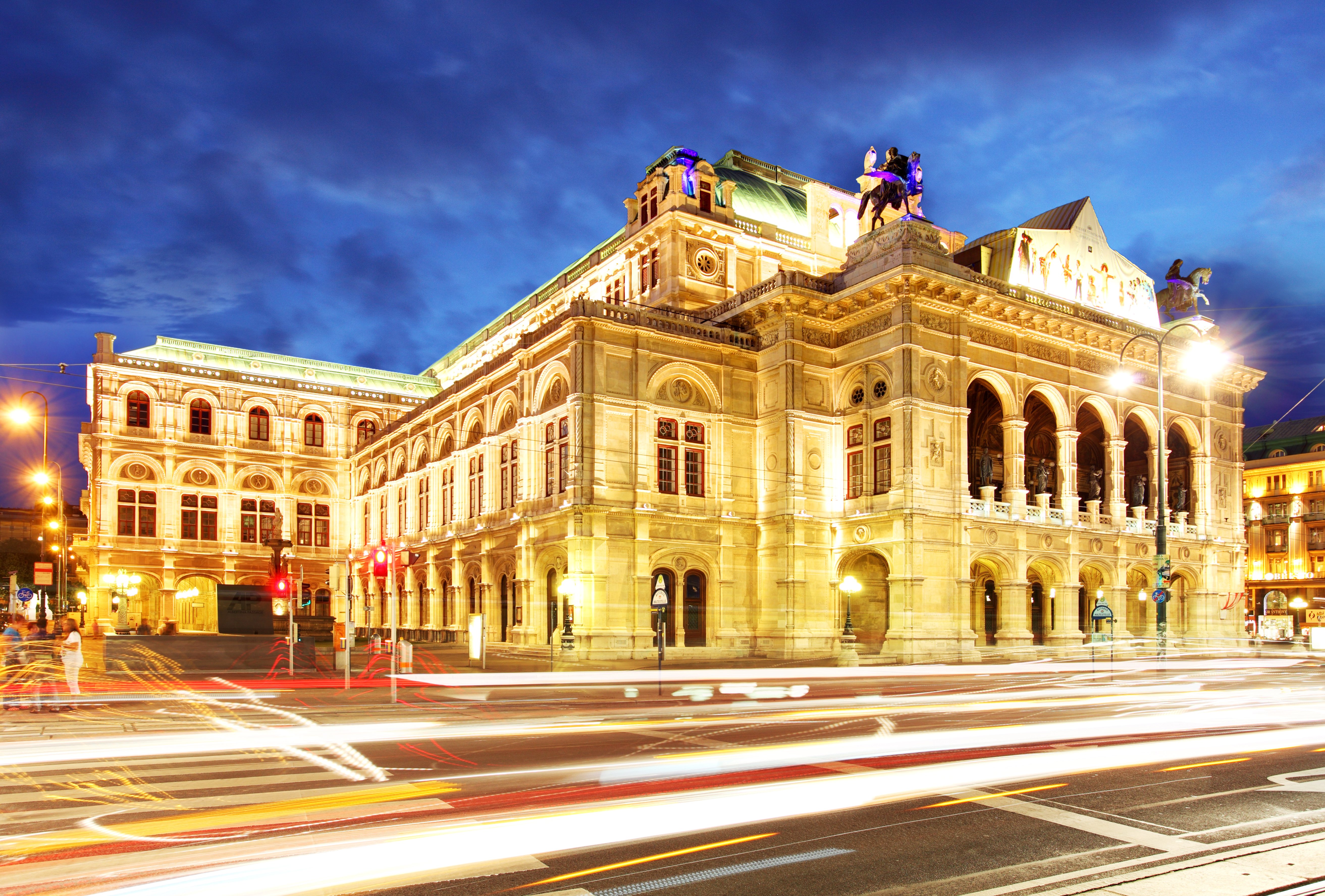 austria, Houses, Roads, Night, Street, Lights, Motion, Vienna, State, Opera, Cities Wallpaper