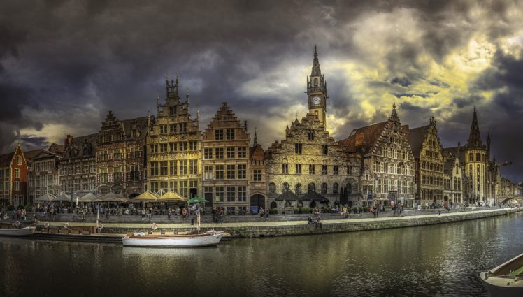 belgium, Houses, Rivers, Motorboat, Coast, Waterfront, Gent, Cities HD Wallpaper Desktop Background