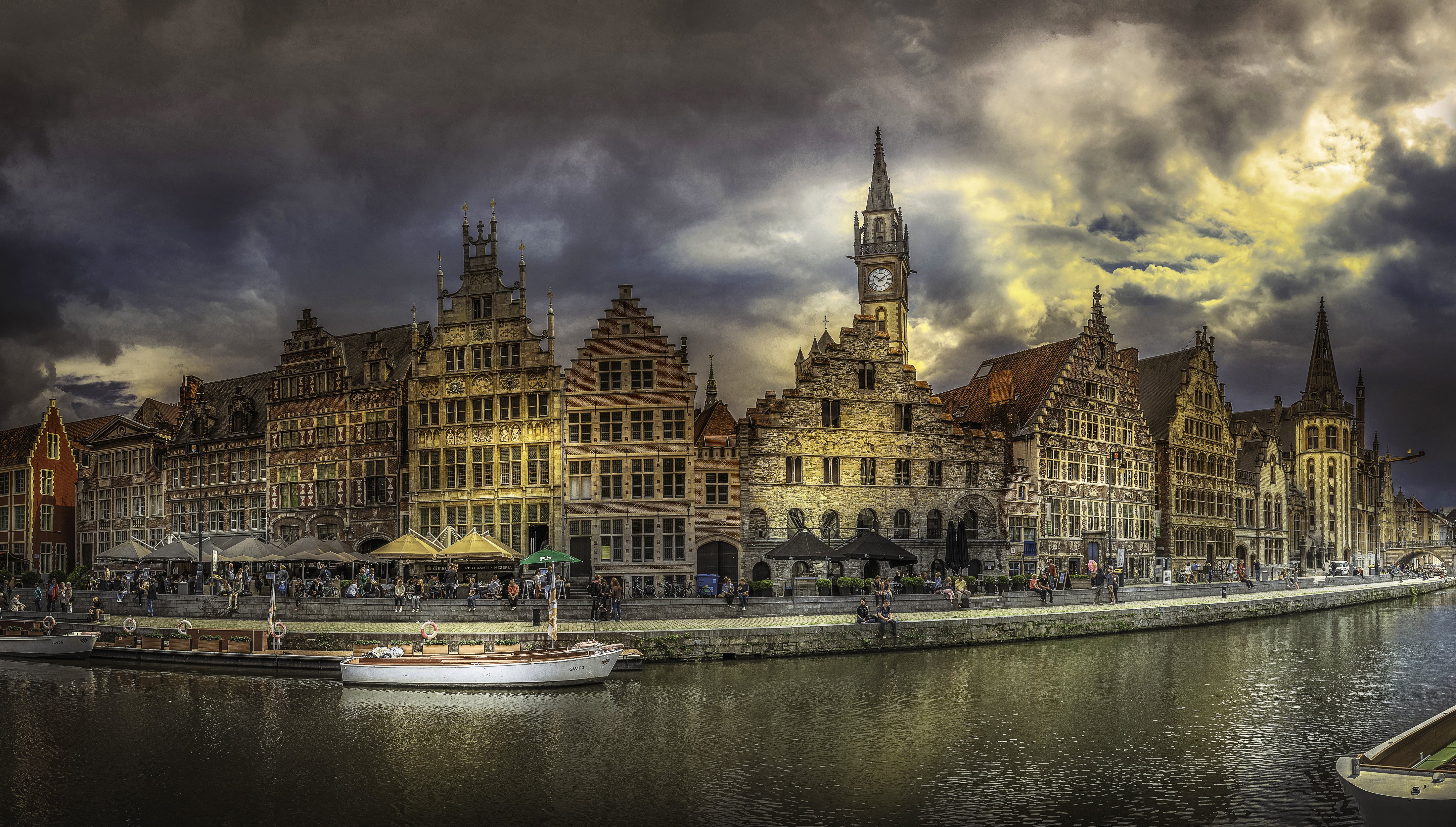 belgium, Houses, Rivers, Motorboat, Coast, Waterfront, Gent, Cities Wallpaper