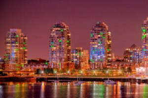 canada, Houses, Rivers, Marinas, Vancouver, Street, Lights, Night, Cities