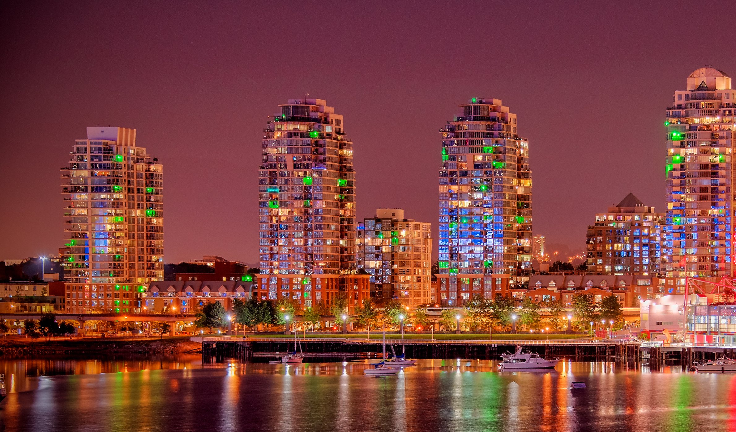 canada, Houses, Rivers, Marinas, Vancouver, Street, Lights, Night, Cities Wallpaper