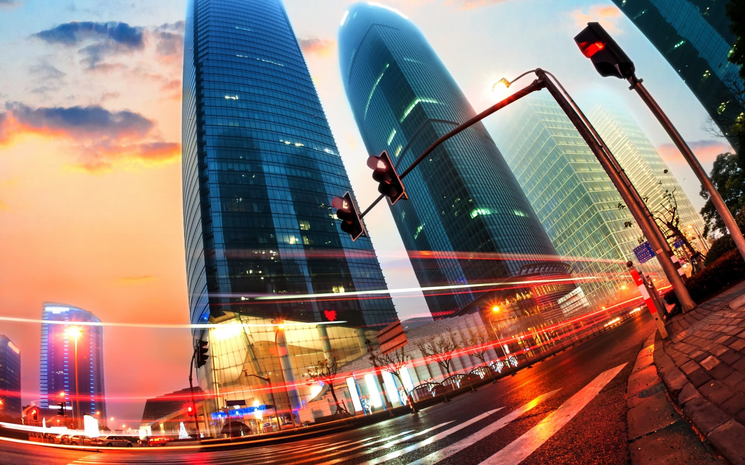 city, Lights, Road, Sky, Splendor, Skyscrapers, Skyline, Nature, Architecture, Streets, Clouds, Buildings Wallpaper