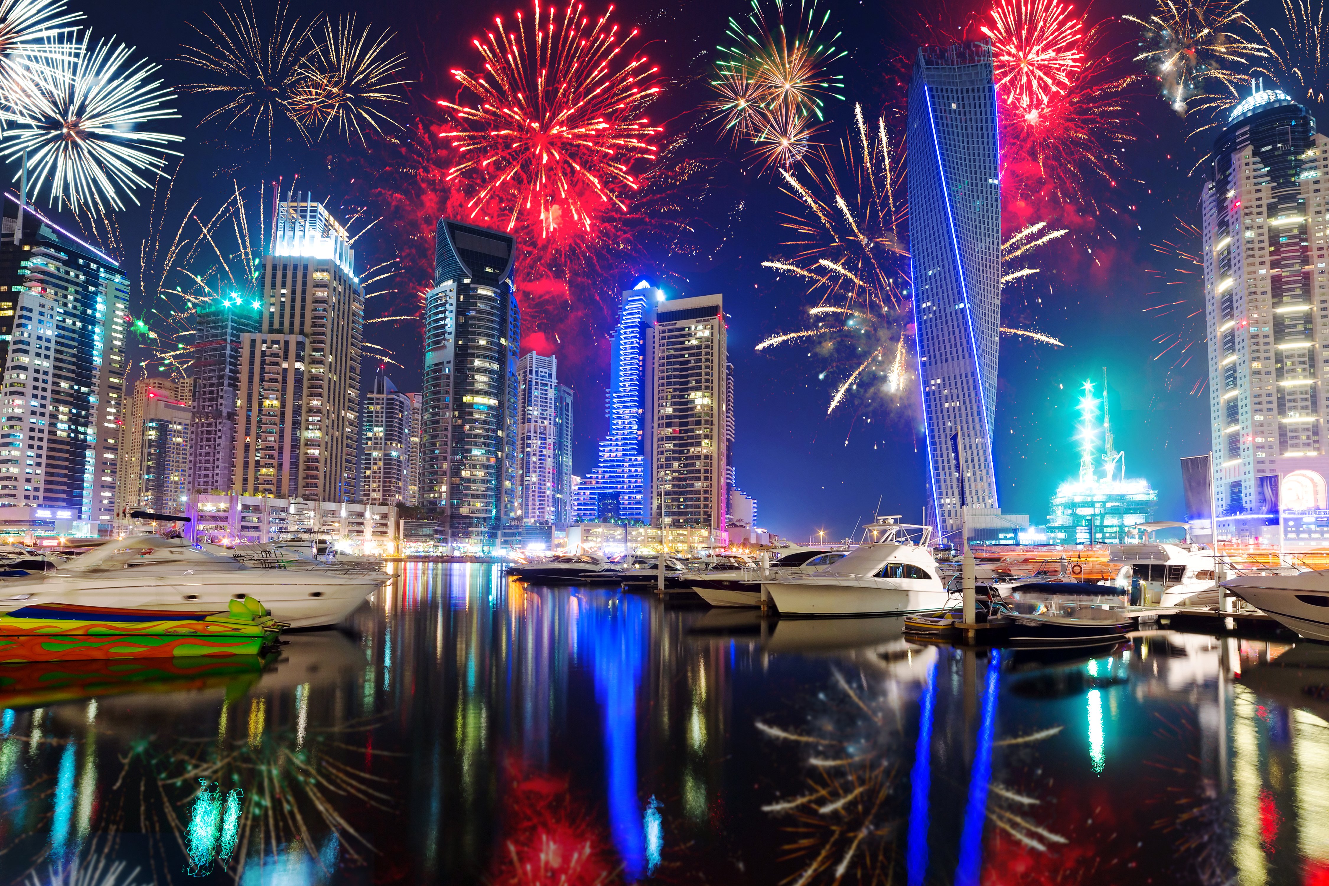 emirates, Uae, Dubai, Holidays, Christmas, Skyscrapers, Yacht, Fireworks, Night, Cities Wallpaper