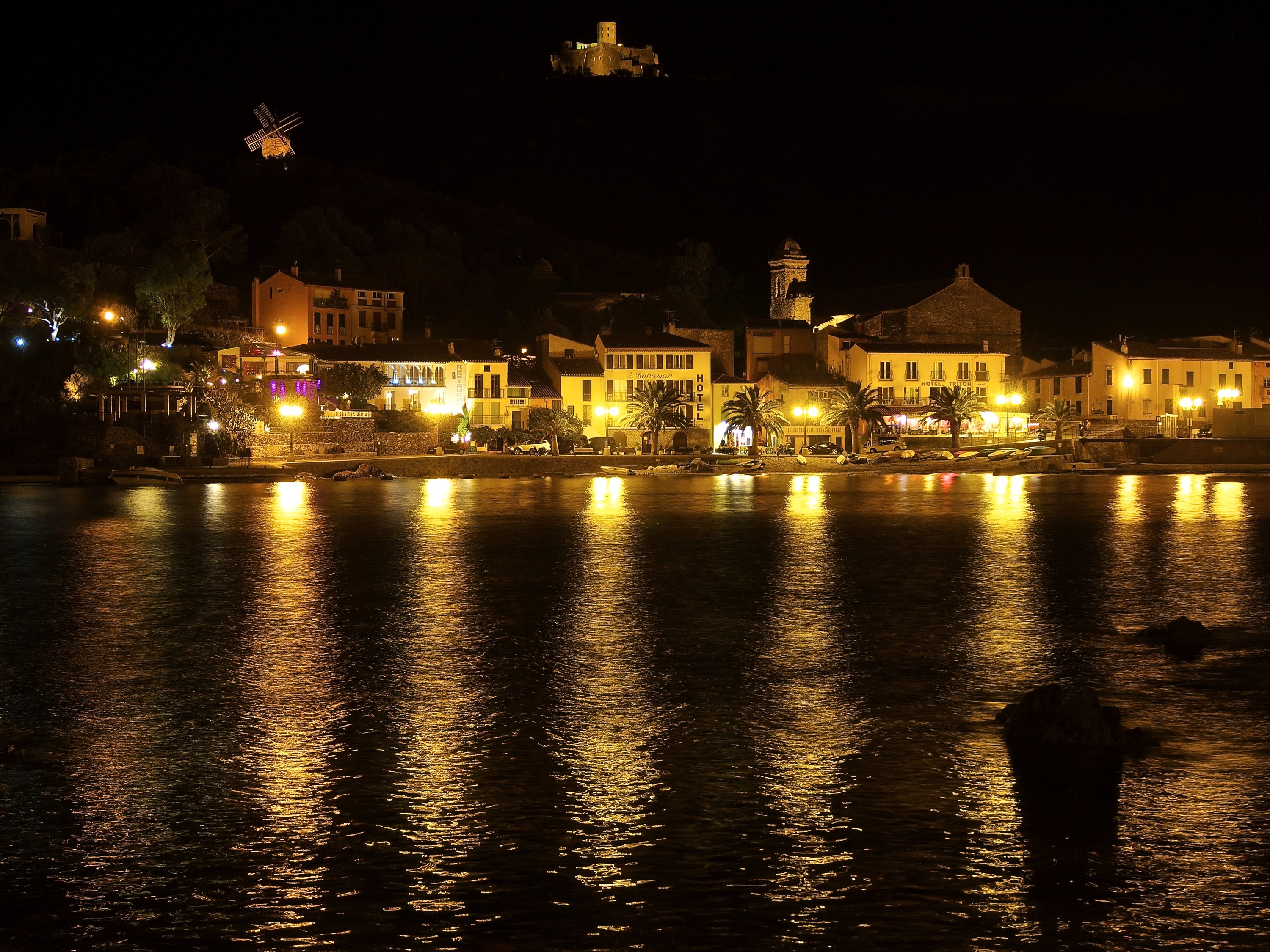 france, Houses, Rivers, Coast, Night, Street, Lights, Collioure, Cities Wallpaper
