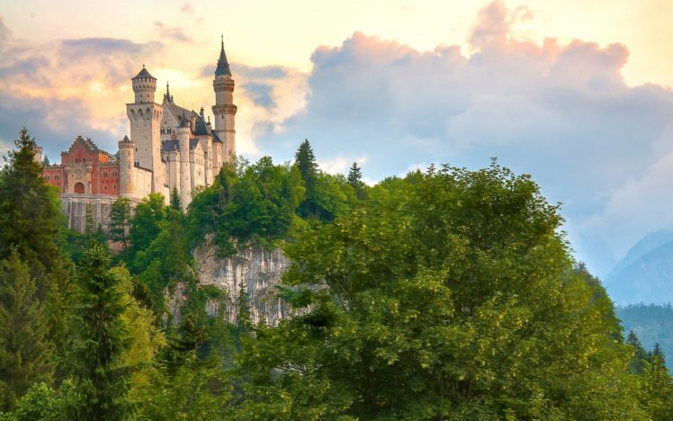germany, Castles, Mountains, Neuschwanstein, Bavaria, Trees, Clouds, Cities HD Wallpaper Desktop Background