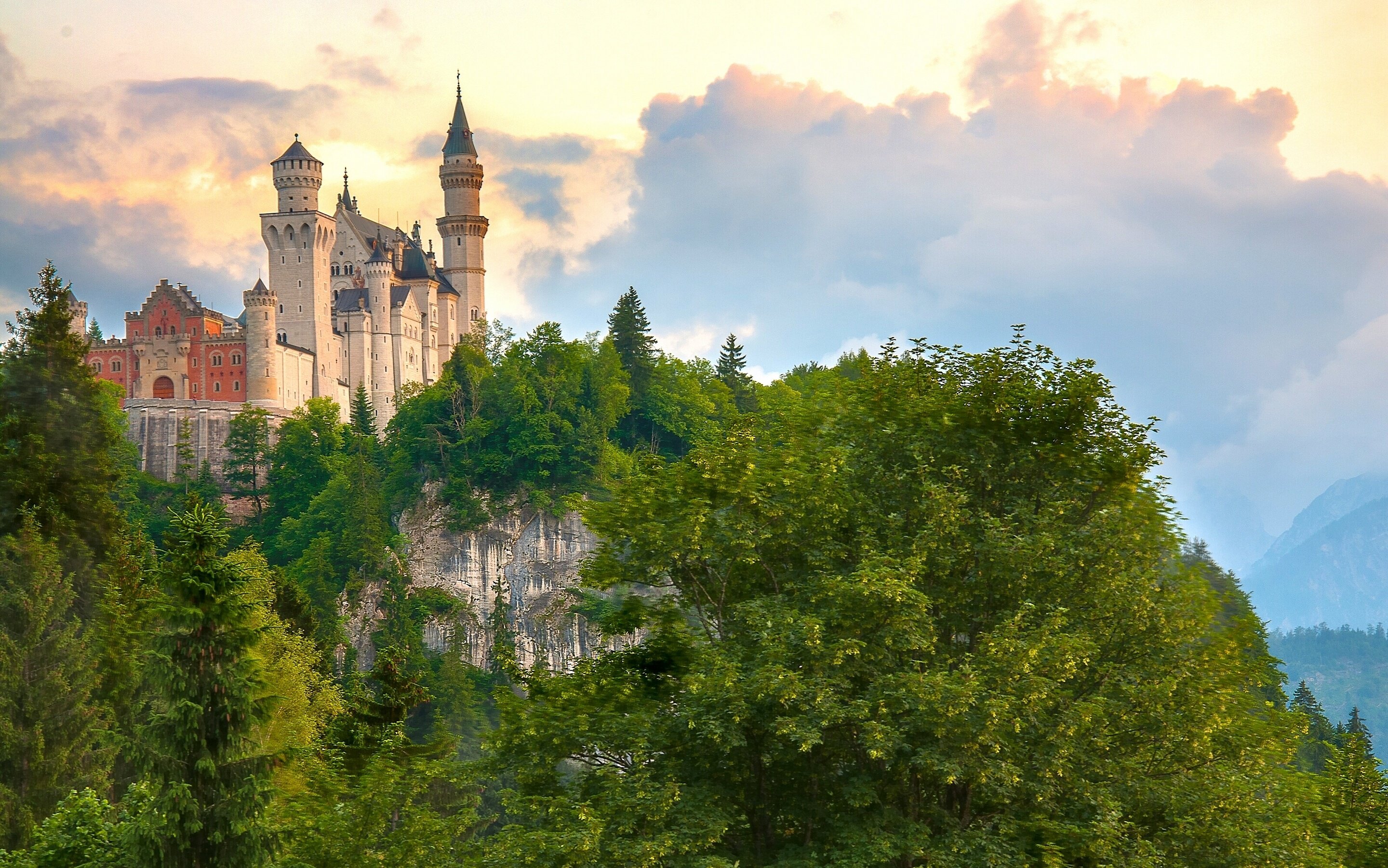 germany, Castles, Mountains, Neuschwanstein, Bavaria, Trees, Clouds, Cities Wallpaper