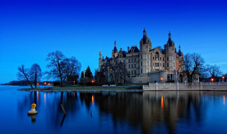 germany, Castles, Rivers, Coast, Night, Schwerin, Cities HD Wallpaper Desktop Background