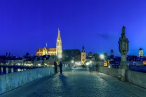 germany, Houses, Bridges, Night, Street, Lights, Regensburg, Cities