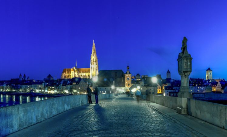 germany, Houses, Bridges, Night, Street, Lights, Regensburg, Cities HD Wallpaper Desktop Background