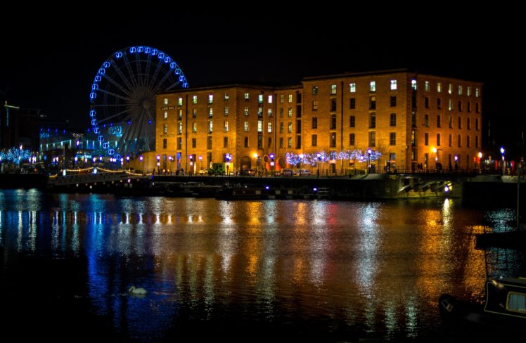 england, Houses, Rivers, Ferris, Wheel, Night, Liverpool, Cities HD Wallpaper Desktop Background