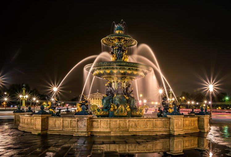 france, Fountain, Sculptures, Paris, Night, Street, Lights, Fontaines, De, La, Concorde, Cities HD Wallpaper Desktop Background