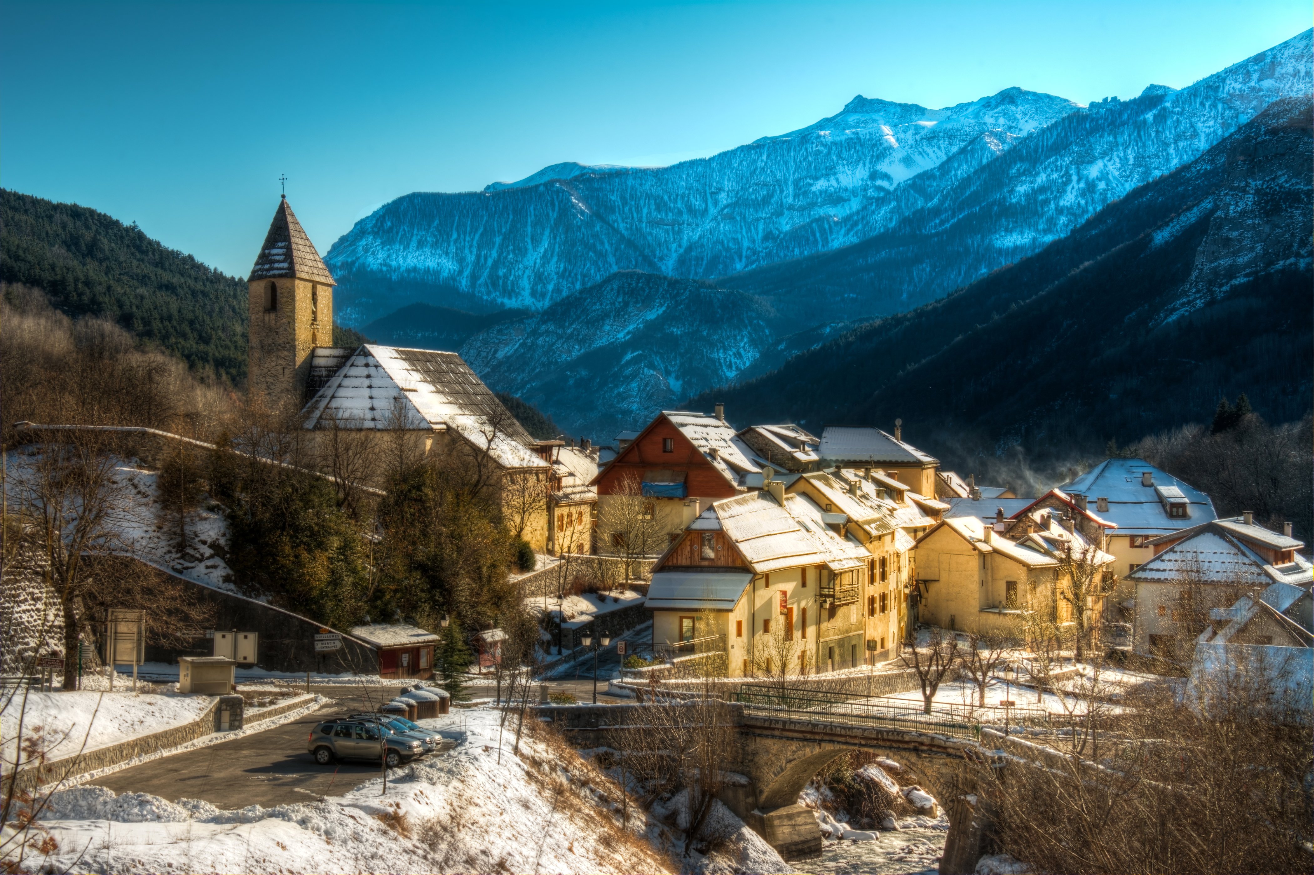france, Houses, Mountains, Bridges, Winter, Entraunes, Cities Wallpaper