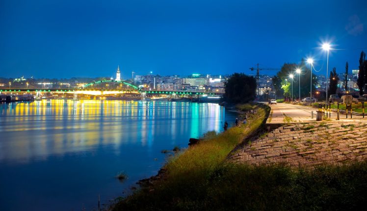 houses, Rivers, Bridges, Roads, Serbia, Street, Lights, Night, Belgrade, Cities HD Wallpaper Desktop Background