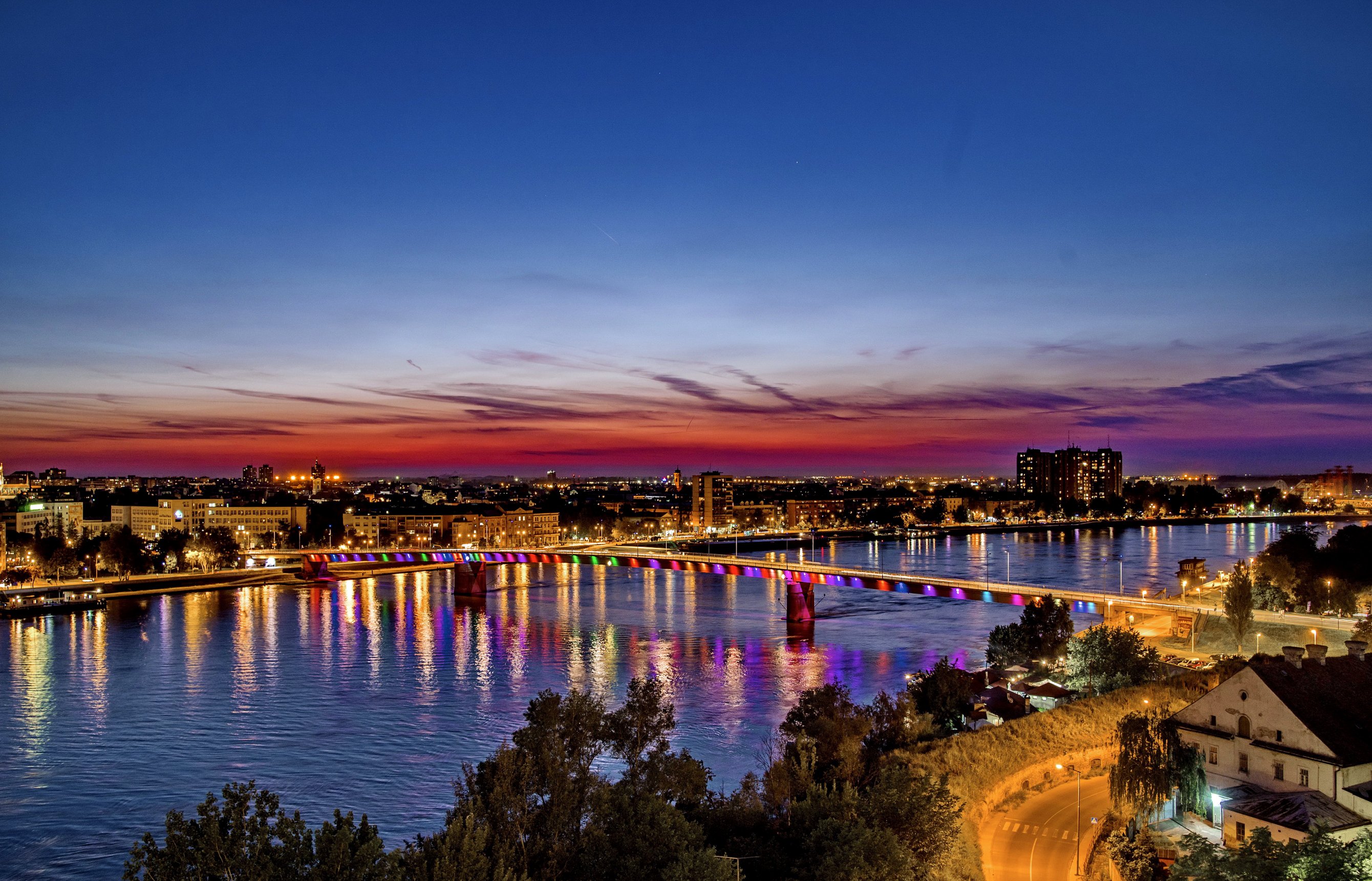 houses, Rivers, Bridges, Sky, Serbia, Night, Novi, Sad, Cities Wallpaper