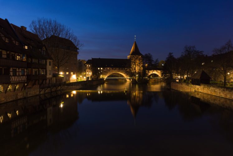 houses, Rivers, Bridges, Germany, Night, Nuremberg, Cities HD Wallpaper Desktop Background